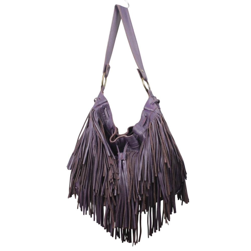 Two Bar West Y2K Purple Leather Fringe Hobo Bag Western Boho Slouchy Shoulder